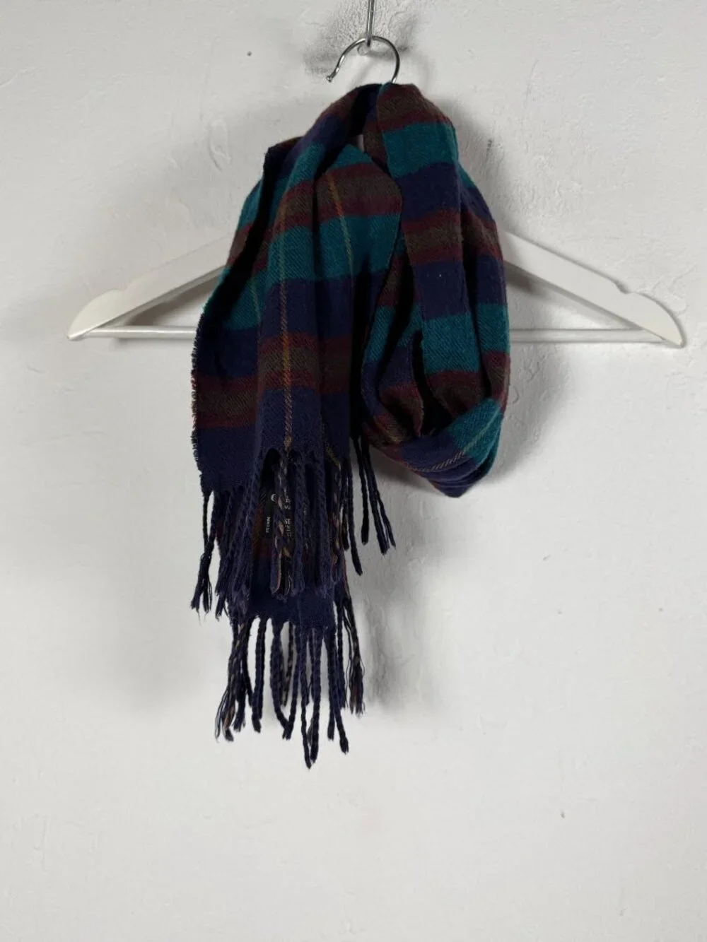 Christian Dior Monsieur Scarf Plaid Navy Teal Burgundy Acrylic 52x11 Fringe Trim